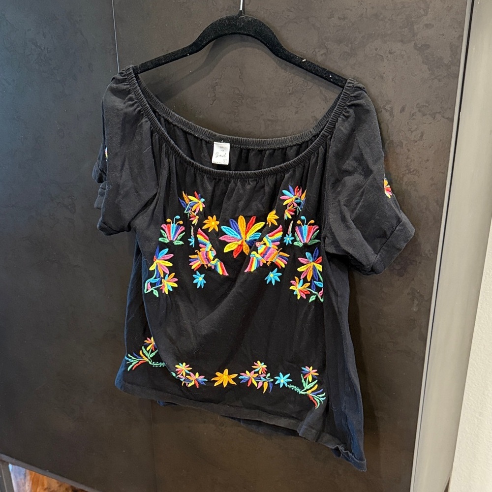 Floral Embroidered Black Blouse 100% Cotton